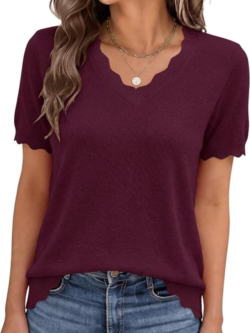 ANRABESS Short Sleeve Sweater for Women V Neck Ribbed Knit Lightweight Sweater